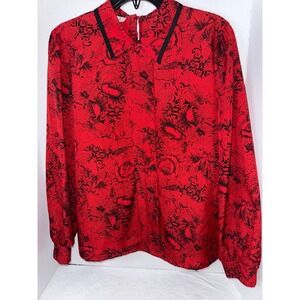 Vintage‎ Judy Bond Red Floral Print Long Sleeve Blouse Size 10 Collared Blouse
